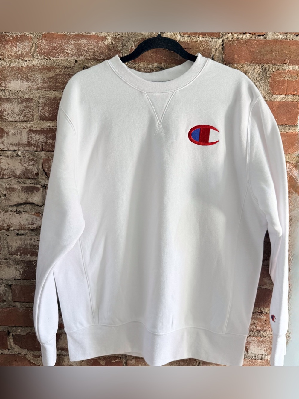 Champion White Crewneck with Red & Blue 'C' Patch